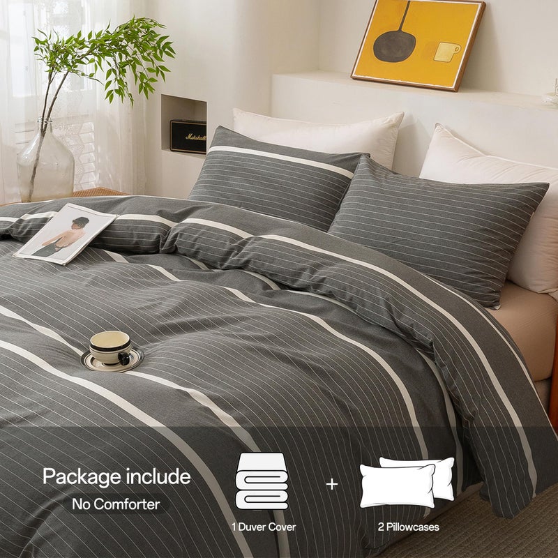 ECOCOTT 3 Pieces Duvet Cover Queen Size, 100% Washed Cotton 1 Duvet Cover with Zipper and 2 Pillowcases, Ultra Soft and Easy Care Breathable Cozy Simple Style Bedding Set(Grey Striped) - Image 2